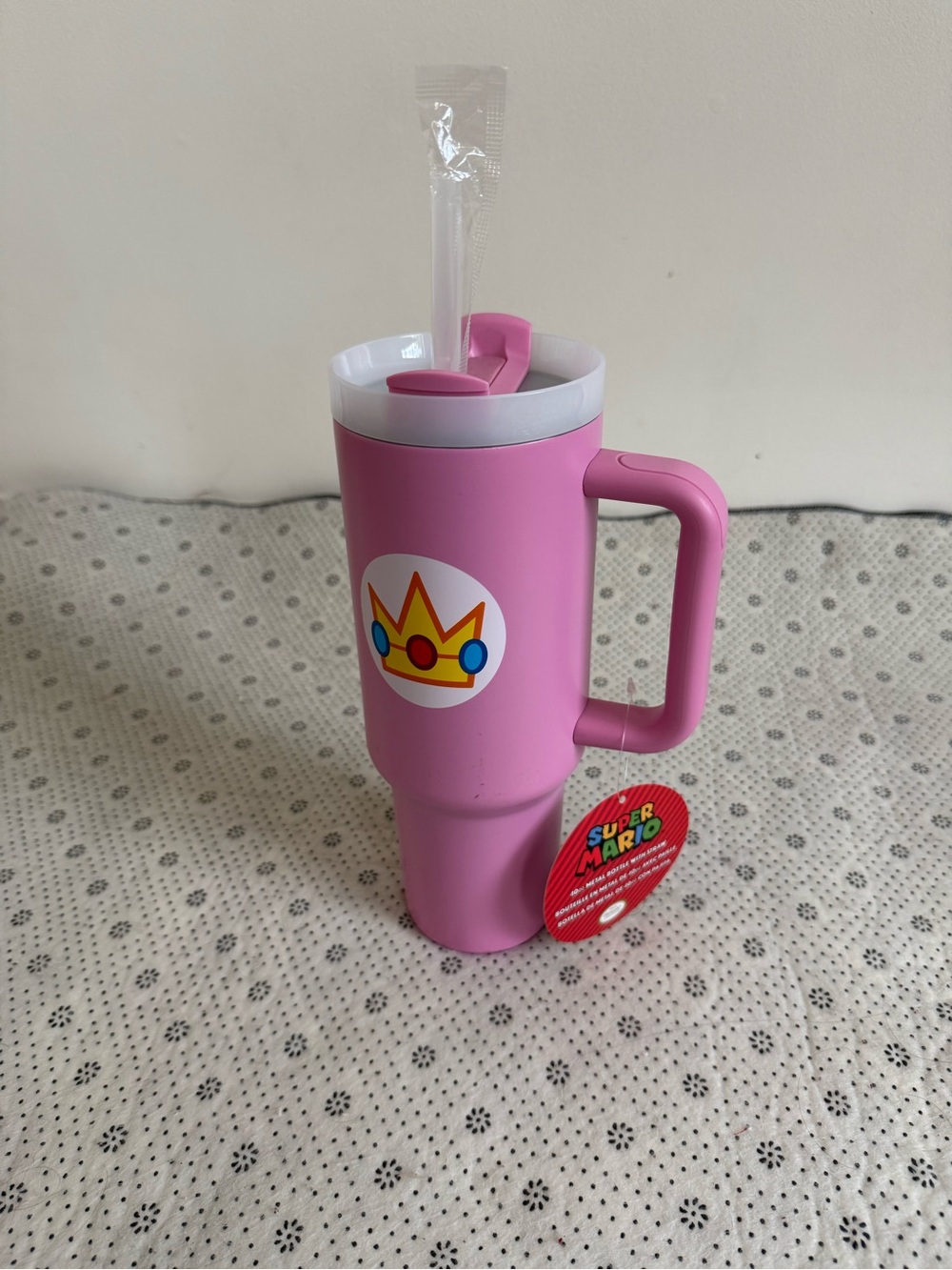 Nintendo Pink Princess Crown Travel Tumbler with Handle and Straw